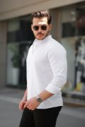 Erkek Hakim Yaka Yarım Düğmeli Keten Gömlek resmi